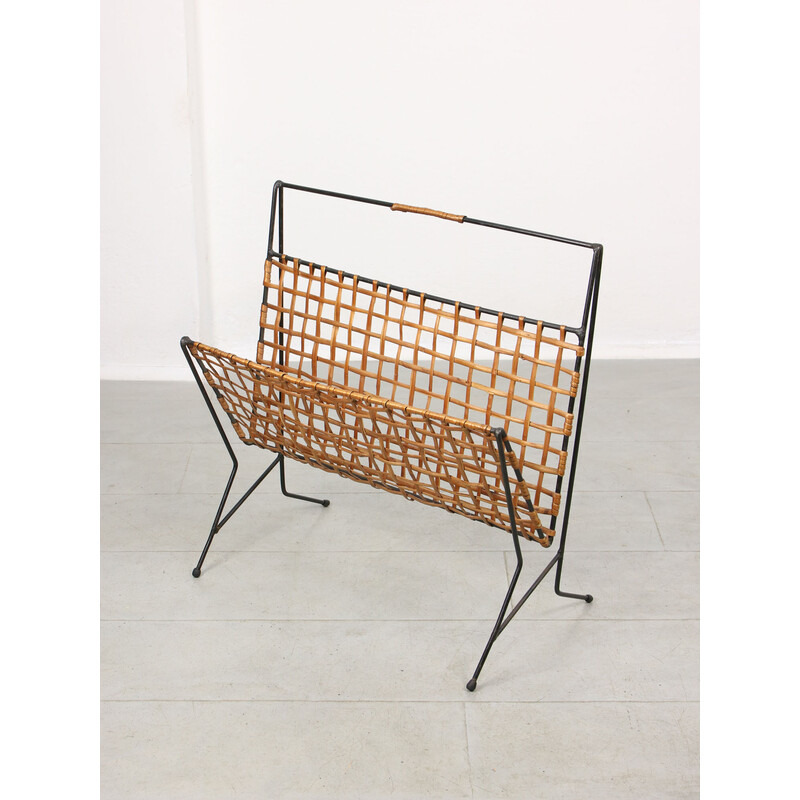 Mid-century iron and cane magazine rack