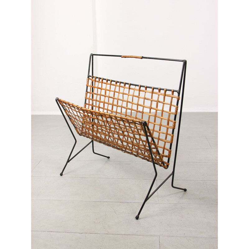 Mid-century iron and cane magazine rack