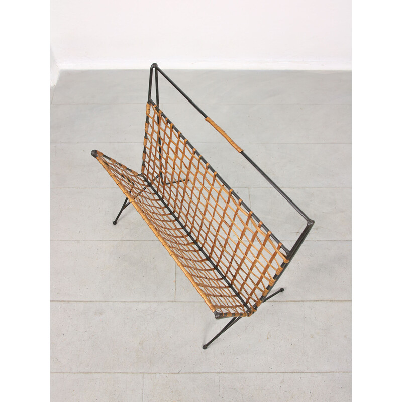 Mid-century iron and cane magazine rack