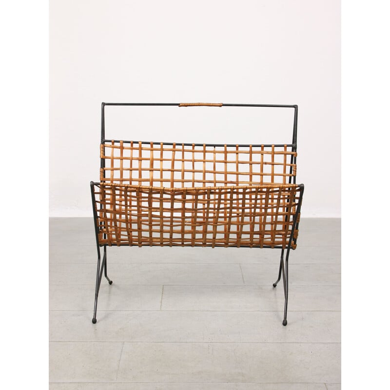 Mid-century iron and cane magazine rack