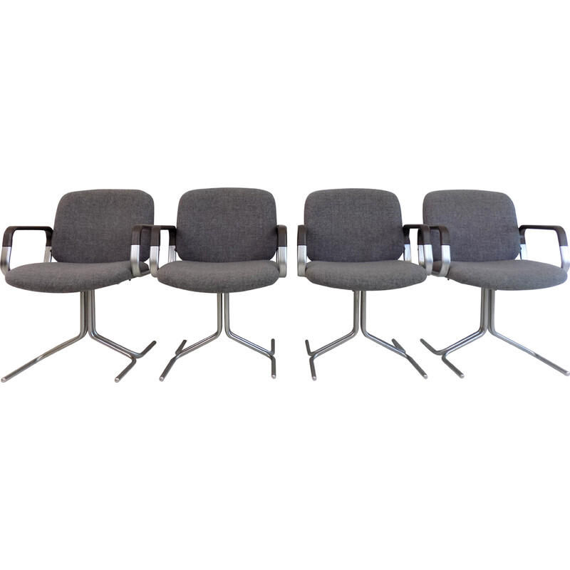 Conjunto de 4 cadeiras de conferência de tecido cinzento e metal vintage de Herbert Hirche para Mauser, 1973