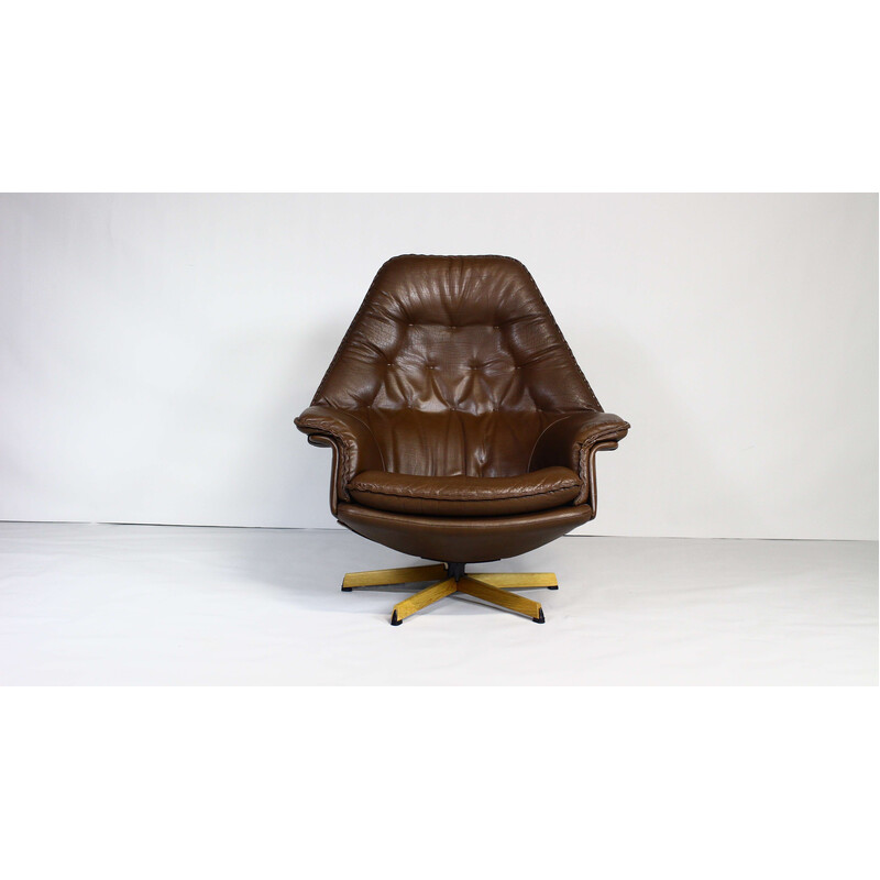 Vintage Danish swivel armchair in brown leather by Madsen and Schubell, 1960s