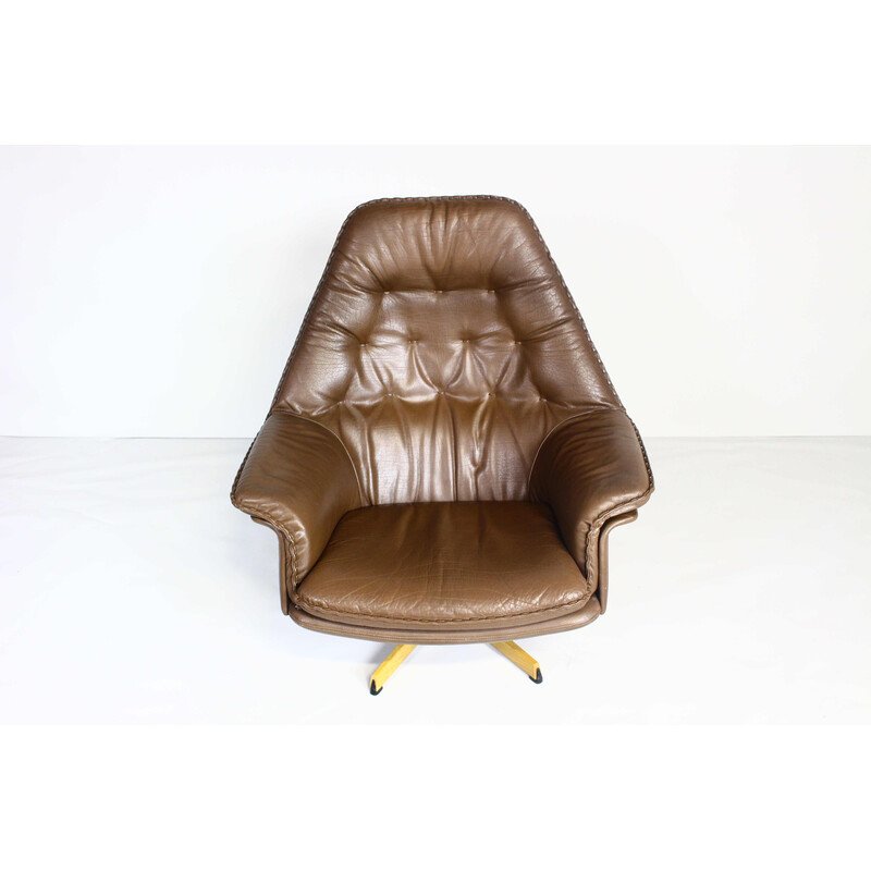 Vintage Deense draaifauteuil in bruin leer van Madsen en Schubell, 1960