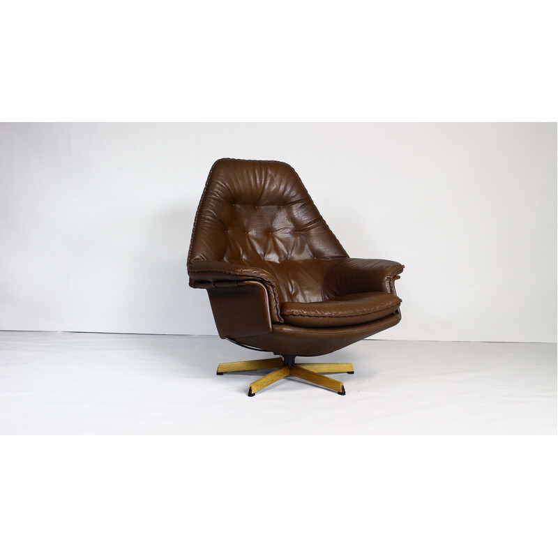 Vintage Danish swivel armchair in brown leather by Madsen and Schubell, 1960s