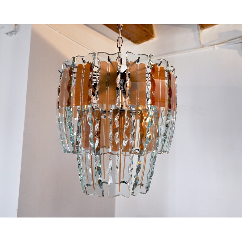 Vintage Zero Quattro chandelier in brown Murano cut glass, Italy 1970