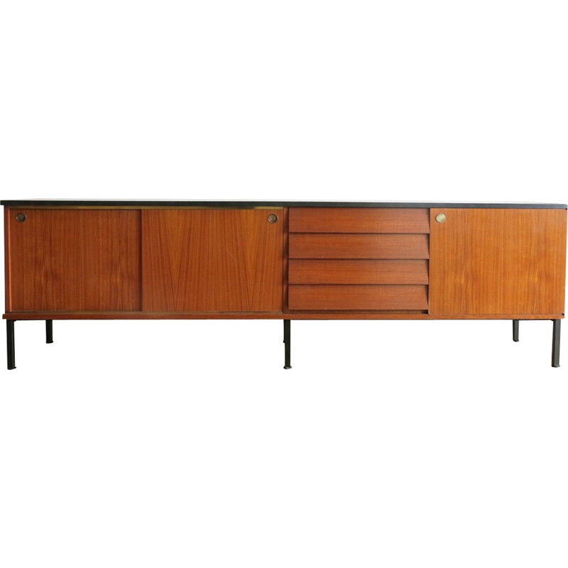 Sideboard in rosewood and metal with brass round handles - 1960s