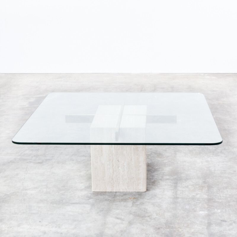Artedi Italian travertine base, glass top coffee table - 1970s 