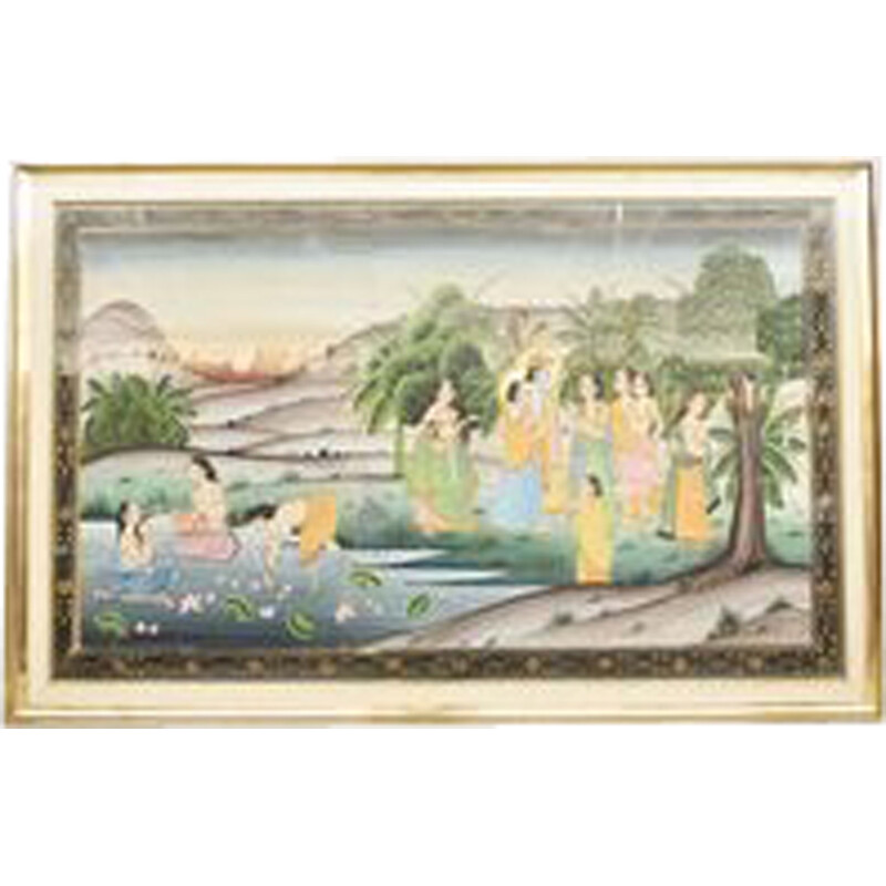 Vintage figurative scene canvas painting, India 1970