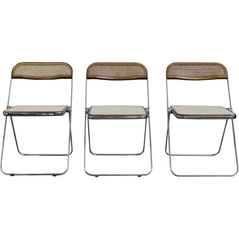 Set of 3 vintage Plia folding chair in cane by Giancarlo Piretti for Anonima Castelli, 1960