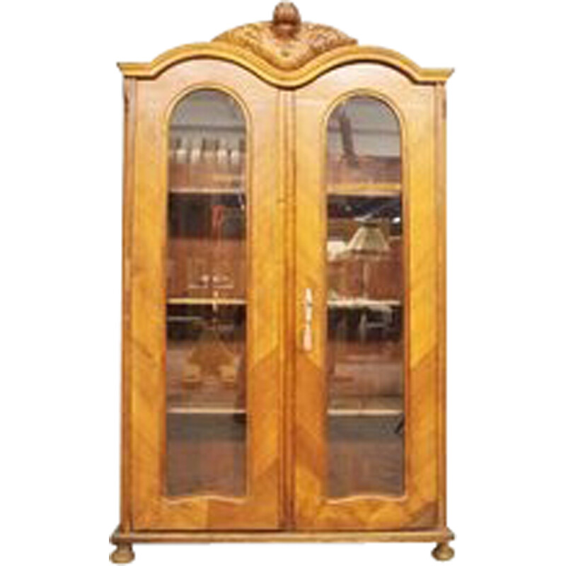 Vintage display cabinet in fir and carved walnut, Italy 1900