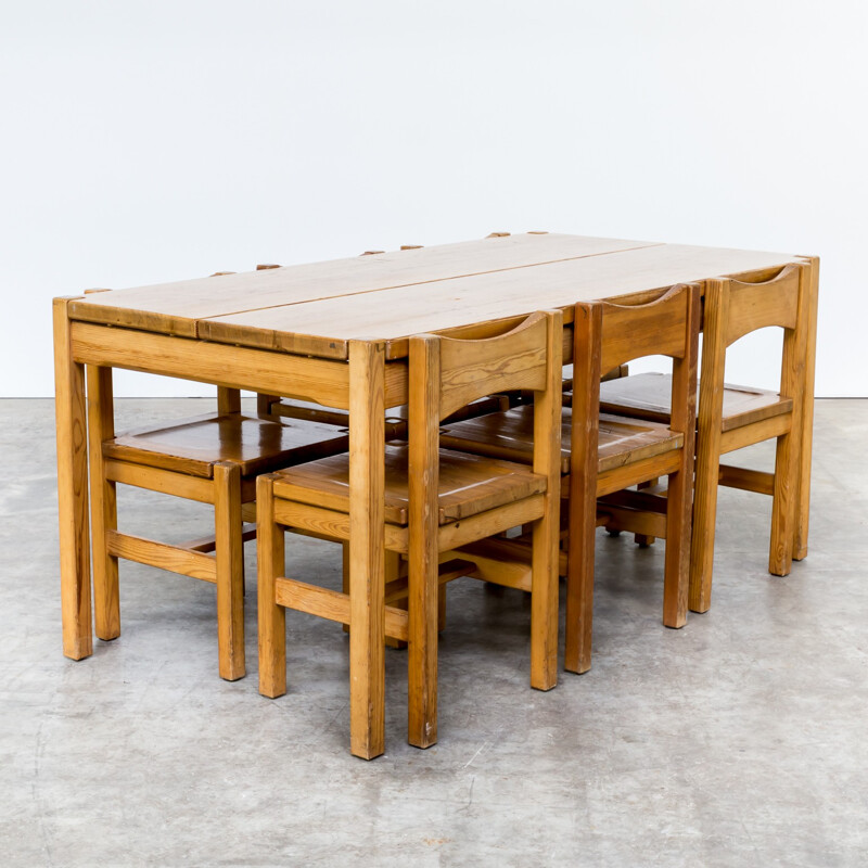 Ilmari Tapiovaara pine wood dinner set table 6 chairs for Laukaan Puu - 1960s