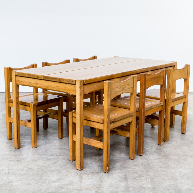 Ilmari Tapiovaara pine wood dinner set table 6 chairs for Laukaan Puu - 1960s