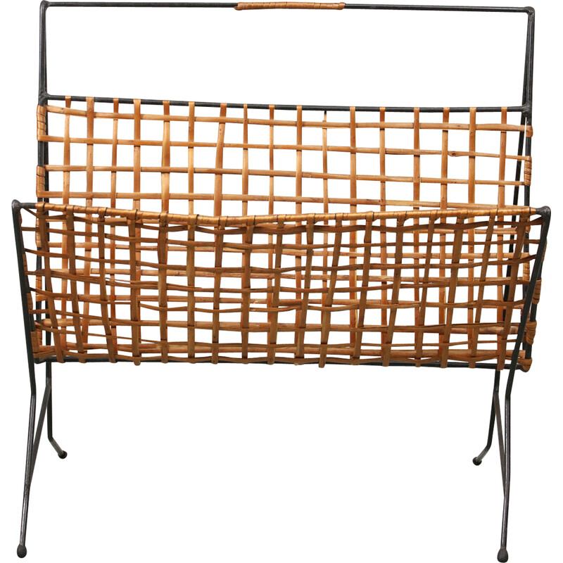 Mid-century iron and cane magazine rack