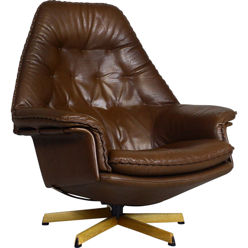 Cadeira de braços giratória dinamarquesa Vintage em pele castanha da Madsen e Schubell, década de 1960