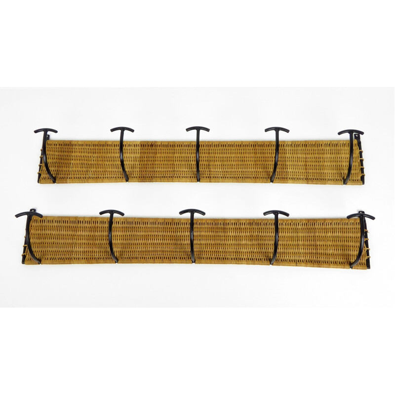 Pair of coat racks in braided rattan with 5 hooks in black metal - 1950s