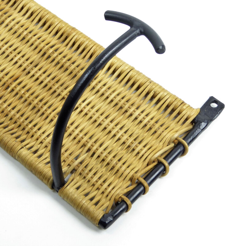 Pair of coat racks in braided rattan with 5 hooks in black metal - 1950s