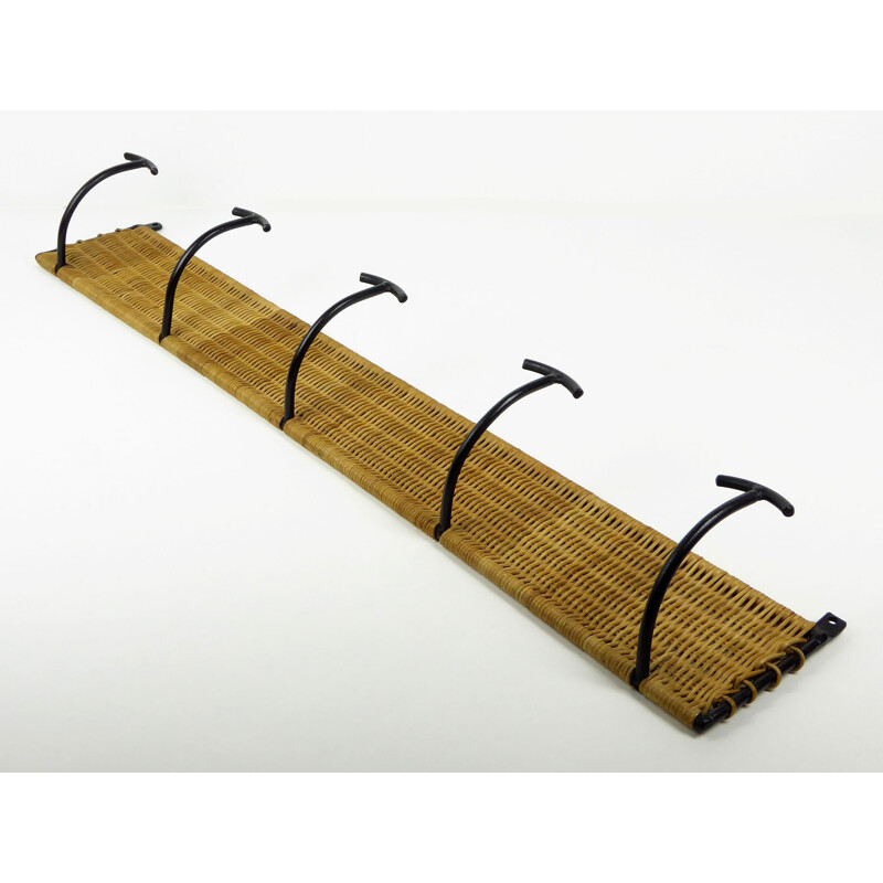 Pair of coat racks in braided rattan with 5 hooks in black metal - 1950s