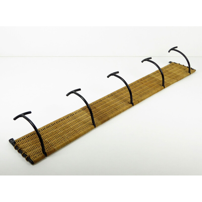 Pair of coat racks in braided rattan with 5 hooks in black metal - 1950s