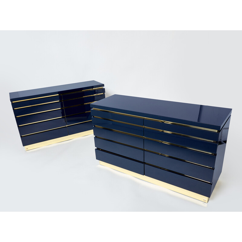 Pair of vintage dressers in blue lacquer and brass by Jean-Claude Mahey, 1970