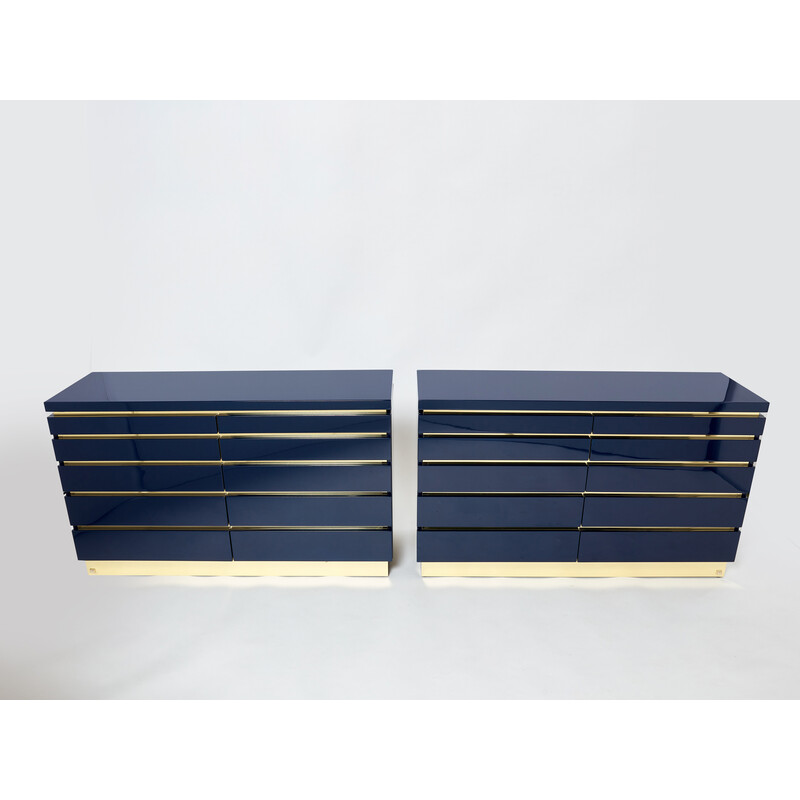 Pair of vintage dressers in blue lacquer and brass by Jean-Claude Mahey, 1970