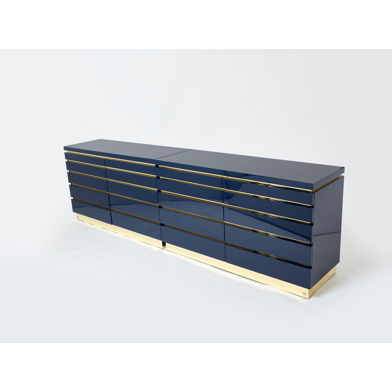 Pair of vintage dressers in blue lacquer and brass by Jean-Claude Mahey, 1970