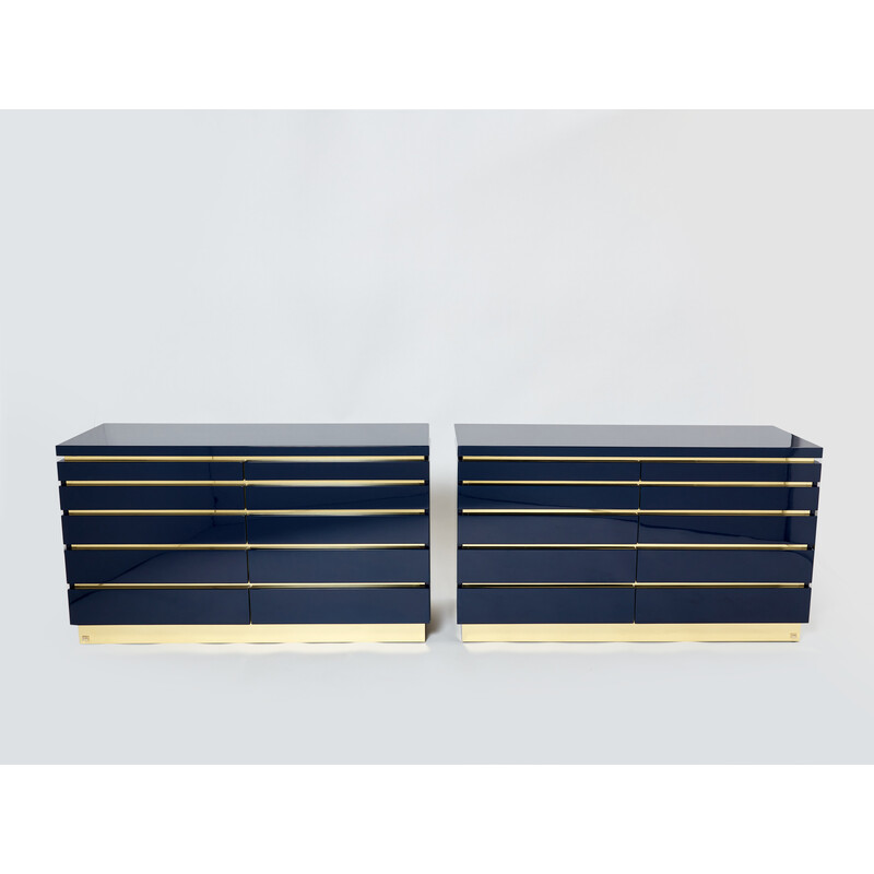 Pair of vintage dressers in blue lacquer and brass by Jean-Claude Mahey, 1970