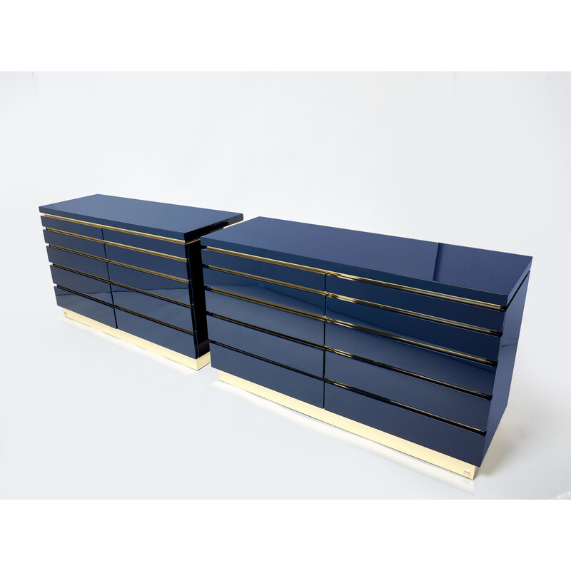 Pair of vintage dressers in blue lacquer and brass by Jean-Claude Mahey, 1970