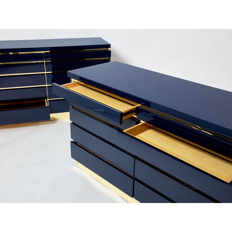 Pair of vintage dressers in blue lacquer and brass by Jean-Claude Mahey, 1970