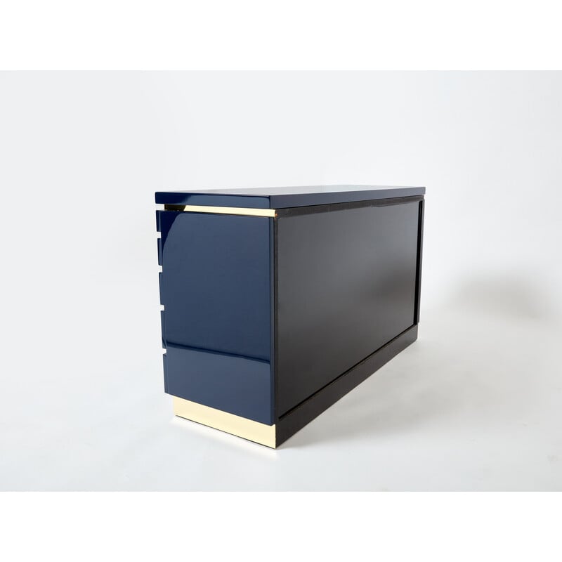 Pair of vintage dressers in blue lacquer and brass by Jean-Claude Mahey, 1970