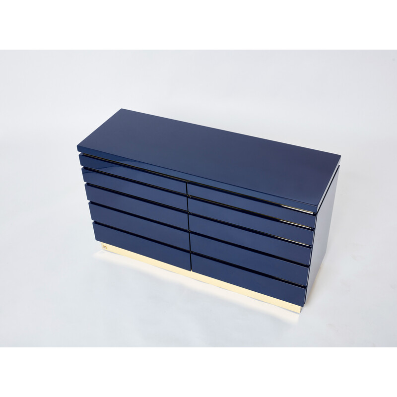 Pair of vintage dressers in blue lacquer and brass by Jean-Claude Mahey, 1970