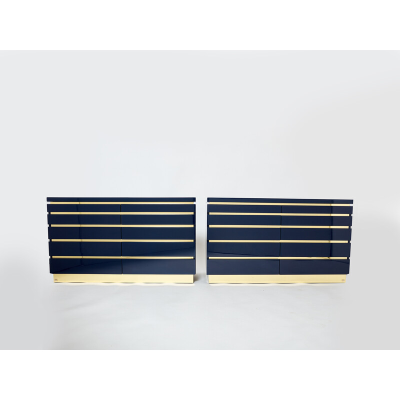 Pair of vintage dressers in blue lacquer and brass by Jean-Claude Mahey, 1970