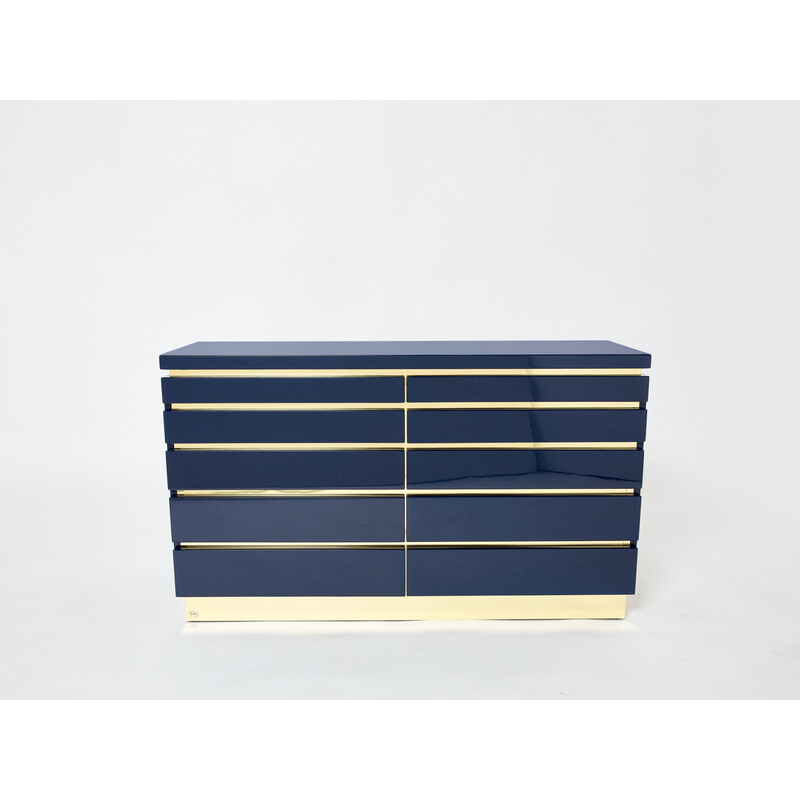 Pair of vintage dressers in blue lacquer and brass by Jean-Claude Mahey, 1970