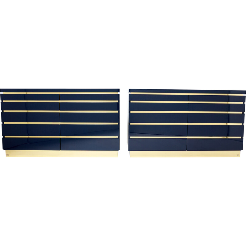 Pair of vintage dressers in blue lacquer and brass by Jean-Claude Mahey, 1970