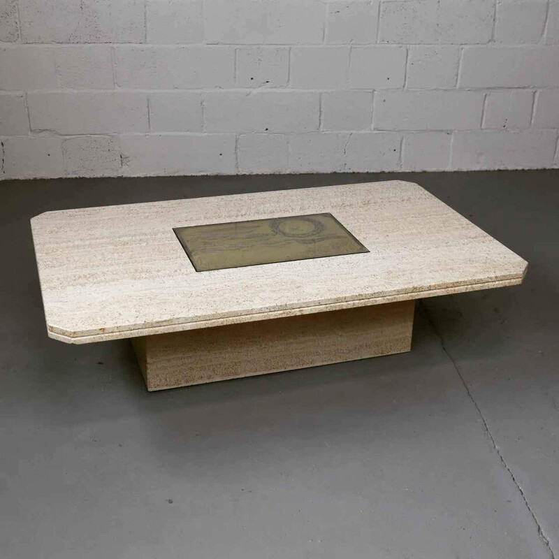 Table basse vintage en travertin par George Mathias pour Maho, 1970