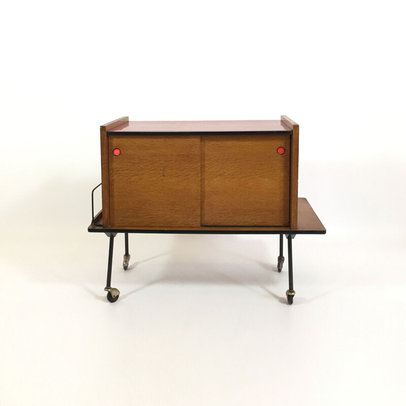 Little sideboard on casters with oak veneer and red formica - 1950s