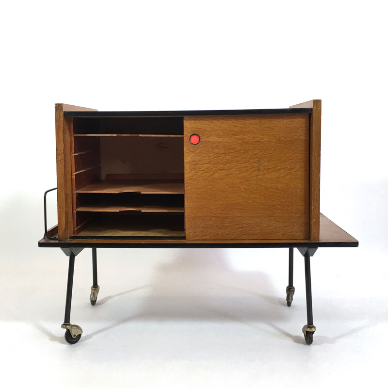 Little sideboard on casters with oak veneer and red formica - 1950s