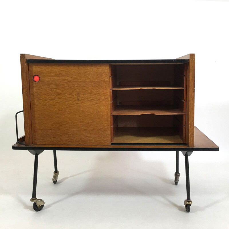 Little sideboard on casters with oak veneer and red formica - 1950s