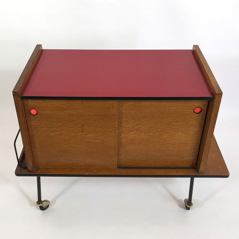 Little sideboard on casters with oak veneer and red formica - 1950s