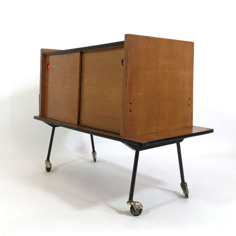 Little sideboard on casters with oak veneer and red formica - 1950s