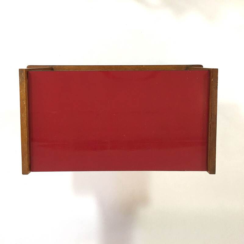 Little sideboard on casters with oak veneer and red formica - 1950s