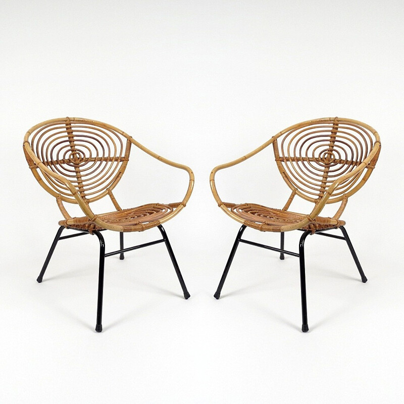 Paire de fauteuils néerlandais en rotin par Rohe Noordwolde - 1960