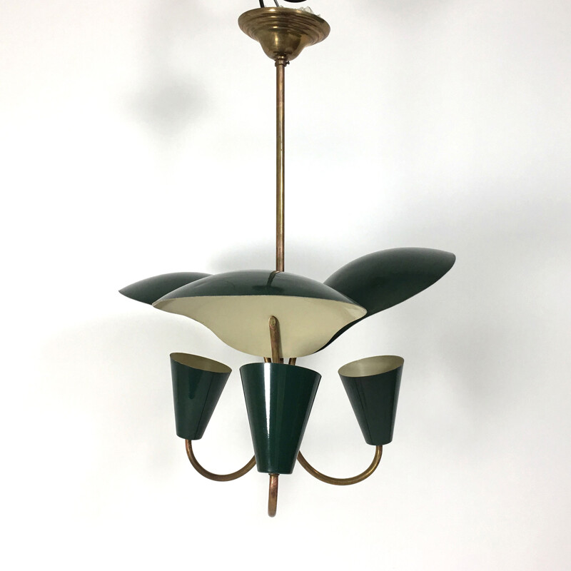 Chandelier in green lacquered metal and brass with three reflectors - 1950s