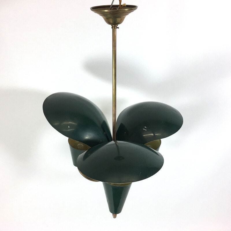 Chandelier in green lacquered metal and brass with three reflectors - 1950s