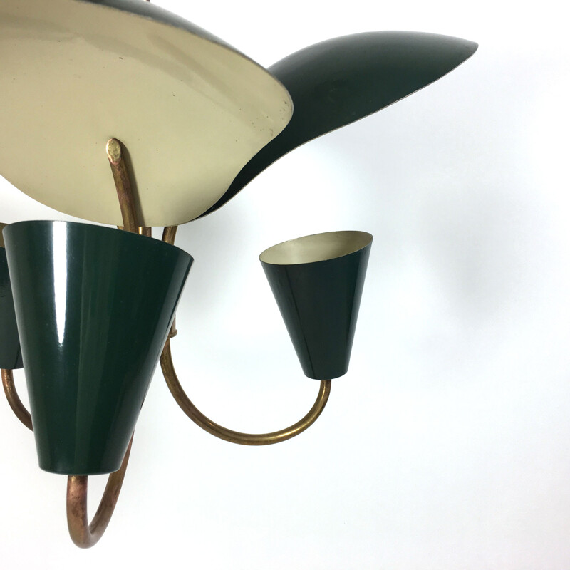 Chandelier in green lacquered metal and brass with three reflectors - 1950s