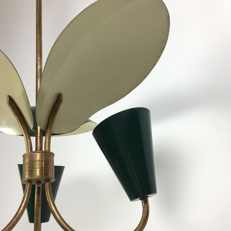 Chandelier in green lacquered metal and brass with three reflectors - 1950s