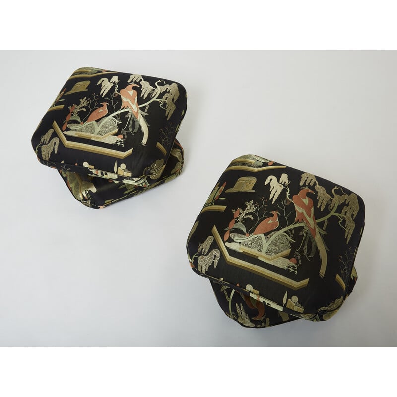 Paire de poufs vintage en tissu jacquard par Jacques Charpentier pour Maison Jansen, 1970