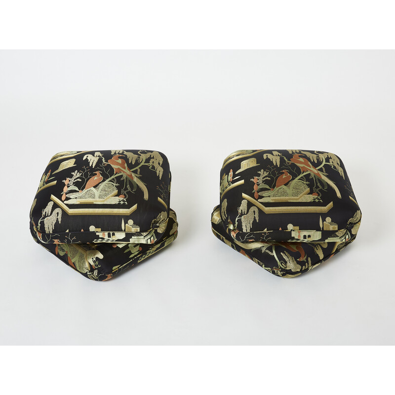 Pair of vintage poufs in jacquard fabric by Jacques Charpentier for Maison Jansen, 1970