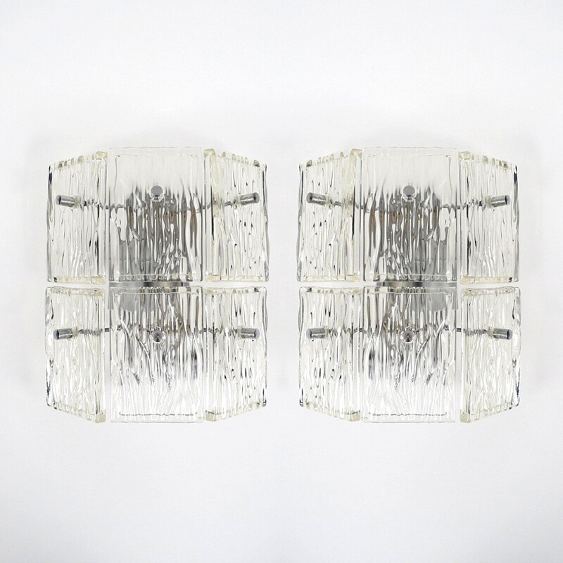 Pair of glass and chromed metal wall lights - 1970s