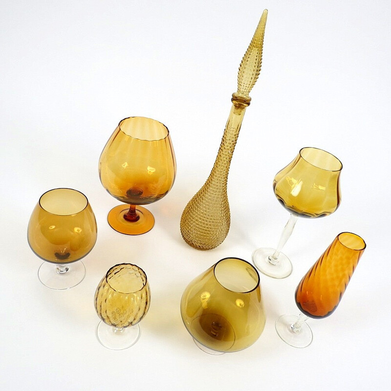 Set of Italian glass glasses and bottle - 1960s