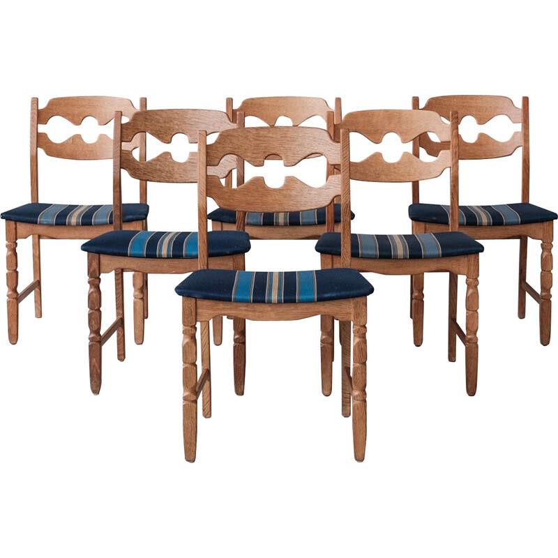 Set of 6 vintage oakwood dining chairs 'Razor back' by Henning Kjaernulf, Denmark 1960